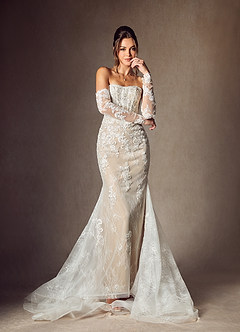 Azazie Caitlin Wedding Dresses Diamond White Nude Mermaid Strapless Lace Dress image4