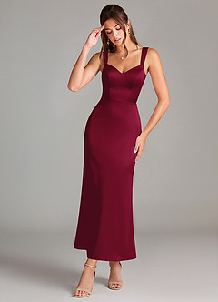Azazie Denice Bridesmaid Dresses Burgundy Sheath Pleated Stretch Satin Dress image1