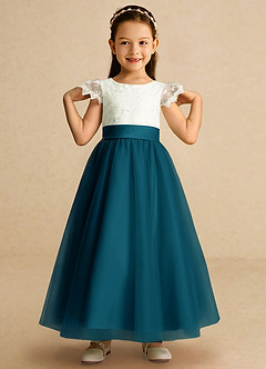 Azazie Pookie Flower Girl Dresses Ink Blue A-Line Lace Tulle Dress image3