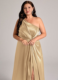 Azazie Brooke Bridesmaid Dresses Champagne A-Line One Shoulder Metallic Satin Dress image6