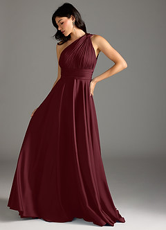 Azazie Charlize Bridesmaid Dresses Cabernet A-Line One Shoulder Stretch Satin Dress image13