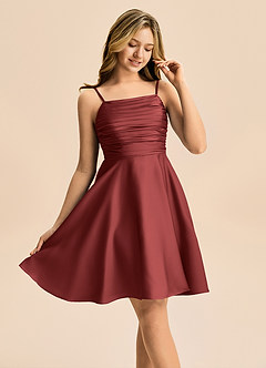 Azazie Miko Junior Terracotta A-Line Pleated Stretch Satin Dress image3