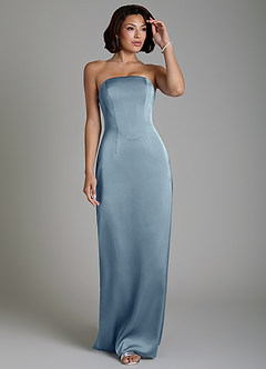 Azazie Fallyn Robes de demoiselle d'honneur Robe Fourreau en Satin extensible Corset Bleu Poussiéreux image1