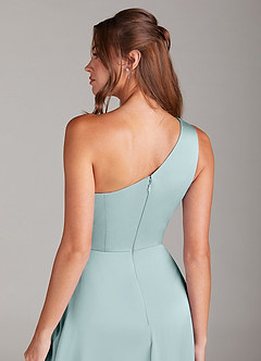 Azazie Brooke Bridesmaid Dresses Sea Glass A-Line One Shoulder Stretch Satin Dress image2