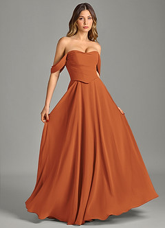 Azazie Chelsey 신부 들러리 드레스 A라인 오프 더 숄더 쉬폰 바닥 길이 드레스 image5