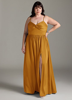 Azazie Zeya Bridesmaid Dresses Butterscotch A-Line Pleated Stretch Satin Dress image9