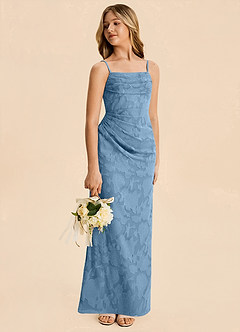 Azazie Mai Junior Steel Blue Sheath Ruched Floral Burnout Dress image4