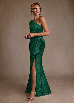 Azazie Hampton Mother of the Bride Dresses Emerald Mermaid One Shoulder Floral Burnout Dress image2