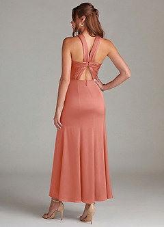 Azazie Rue Bridesmaid Dresses Salmon Pink Mermaid Pleated Stretch Satin Dress image6
