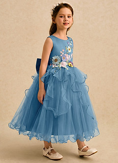 Azazie Savannah Flower Girl Dresses Steel Blue Ball-Gown Lace Tulle Dress image4