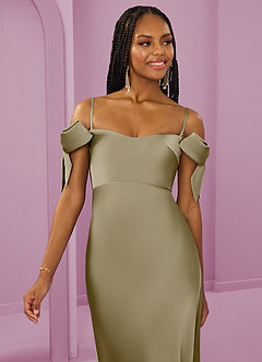 Barbie ♥ Azazie Bridesmaid Dresses Moss Green Sheath Off the Shoulder Stretch Satin Convertible Dress image3