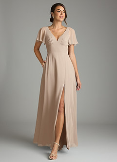 Azazie Kimber Bridesmaid Dresses Taupe A-Line Flounce Sleeve Chiffon Dress image4