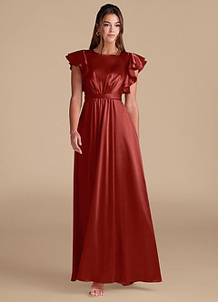 Azazie Daphne At-home Try On Dresses A-Line Ruched Metallic Satin Floor-Length Dress image3