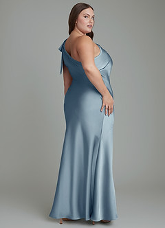 Azazie Yuanna Jurken voor bruidsmeisjes Jurk van Stretch Satijn met Zeemeermin One-shoulder Stoffig Blauw image9