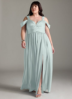 Azazie Lianne Bridesmaid Dresses Mist A-Line Off the Shoulder Stretch Satin Dress image11