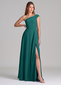 Azazie Melanie Abiti da Damigella Abito A-Line in Chiffon a Spalla Scoperta Verde Pavone image4