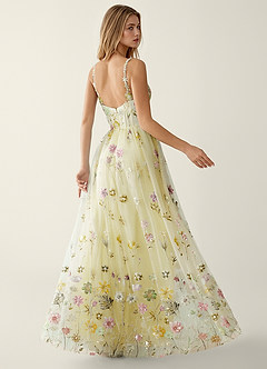 Irisqun Yellow 3D Flowers Sequin Embroidery Beading Tulle Prom Dress image2