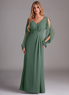 Azazie Matilda Bridesmaid Dresses Eucalyptus A-Line Long Sleeve Chiffon Dress image3