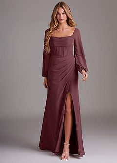 Azazie Charissa Bridesmaid Dresses Sangria Sheath Long Sleeve Chiffon Dress image3
