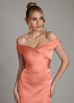 Azazie Teyana Bridesmaid Dresses Salmon Pink Sheath Off the Shoulder Stretch Satin Dress image2