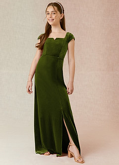 Azazie Gabi Junior Olive A-Line Velvet Dress image3