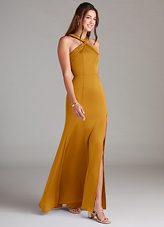 Azazie Rue Bridesmaid Dresses Butterscotch A-Line Pleated Stretch Satin Dress image4