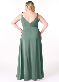 Azazie Dalilah Final Sale Eucalyptus A-Line V-Neck Pleated Stretch Satin Dress image7