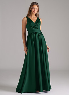 Azazie Kora Bridesmaid Dresses Dark Green A-Line Pleated Stretch Satin Dress image1