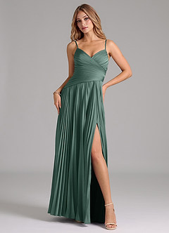 Azazie Vini Bridesmaid Dresses Eucalyptus A-Line Pleated Stretch Satin Dress image1