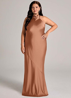 Azazie Velli Bridesmaid Dresses Bronzer Mermaid High Neck Stretch Satin Dress image6