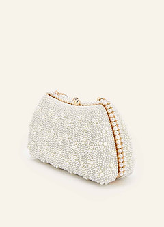 front Matching Color Matte Satin Pearl and Bow Pointed Toe Block Heels & Beaded Clutch Set