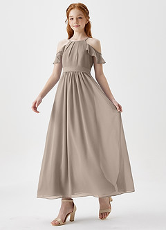 Azazie Chaya Junior Taupe A-Line Off the Shoulder Chiffon Dress image5