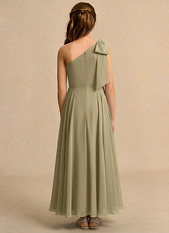 Azazie Guppy Junior Formal Robe Demoiselle D'honneur Fillette Robe Trapèze en Mousseline de soie Une épaule Vert Mousse image2
