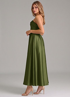 Azazie Lucienne Bridesmaid Dresses Olive A-Line Pleated Stretch Satin Dress image3