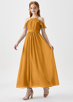Azazie Chaya Junior Butterscotch A-Line Off the Shoulder Chiffon Dress image5