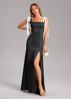 Azazie Frostine 신부 들러리 드레스 A라인 절하다 스트레치 새틴 바닥 길이 드레스 image1