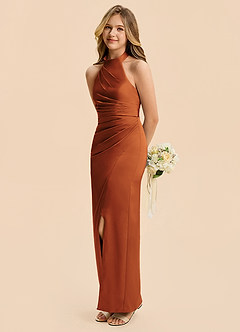 Azazie Jemma Junior Cinnamon Sheath Ruched Stretch Satin Dress image5