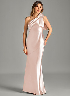 Azazie Yuanna Bridesmaid Dresses Rose Gold Mermaid One Shoulder Metallic Satin Dress image4