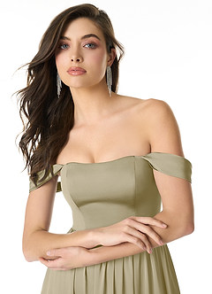 Azazie Morana Jurken voor bruidsmeisjes Converteerbaar Jurk van Stretch Satijn met A-Lijn Off the Shoulder Mosgroen image5