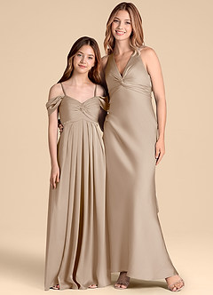 Azazie Kaitlynn Junior Vestido de Gris Pardo de Satén Elástico de Corte en A con Vestidos sin tirantes image3