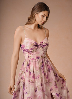 Lumi Mauve Floral A-Line V-Neck Pleated Chiffon Dress image5