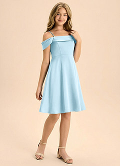 Azazie Anselie Junior Abito A-Line in Raso Elasticizzato Plissettato Azzurro image6