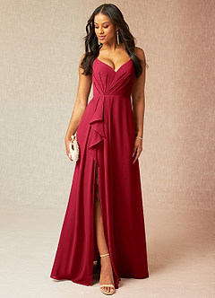 Azazie Kyedae Jurken voor bruidsmeisjes Jurk van Chiffon met A-Lijn V-hals geplooid Scharlaken image1