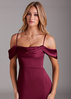 Azazie Saige Bridesmaid Dresses Burgundy Sheath Off the Shoulder Stretch Satin Dress image2