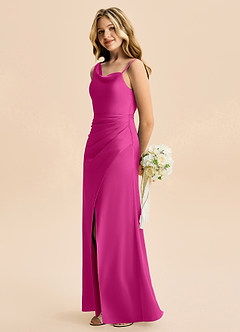 Azazie Abby Junior Fuchsia A-Line Pleated Stretch Satin Dress image3