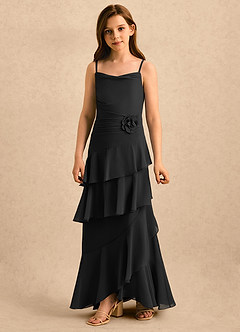 Azazie Indiah Girls Formal 플라워 걸 드레스 A라인 러칭 쉬폰 플로어 길이 드레스 image5