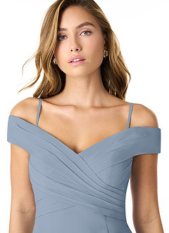 Azazie Lecia Bridesmaid Dresses Dusty Blue Empire Off-The-Shoulder Pleated Chiffon Convertible Dress image2