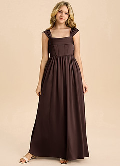 Azazie Hattie Junior Robe Trapèze en Satin extensible Plissée Ganache image8