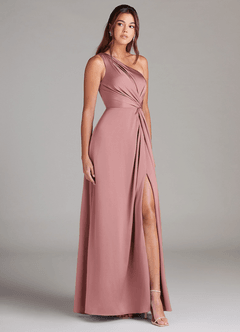 Azazie Brooke Vestidos de damas de honor Vestido de Rosa Polvorienta de Satén Elástico de Corte en A con Hombro unilateral image3