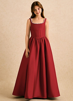 Azazie Enid Girls Formal Blumenmädchenkleider A-Linie Mit Perlen Stretch-Satin Kleid Granatapfelrot image5